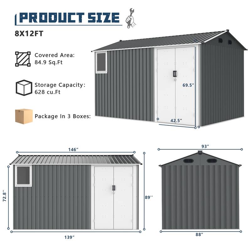 Galvanized Metal Storage Shed Tool Shed with Lockable Double Doors Garden Shed Pet Shed for Backyard
