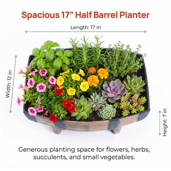 Gardenised Rustic Wood-Look Plastic Half Barrel Flower Pot Garden Planter (Pack of 2)