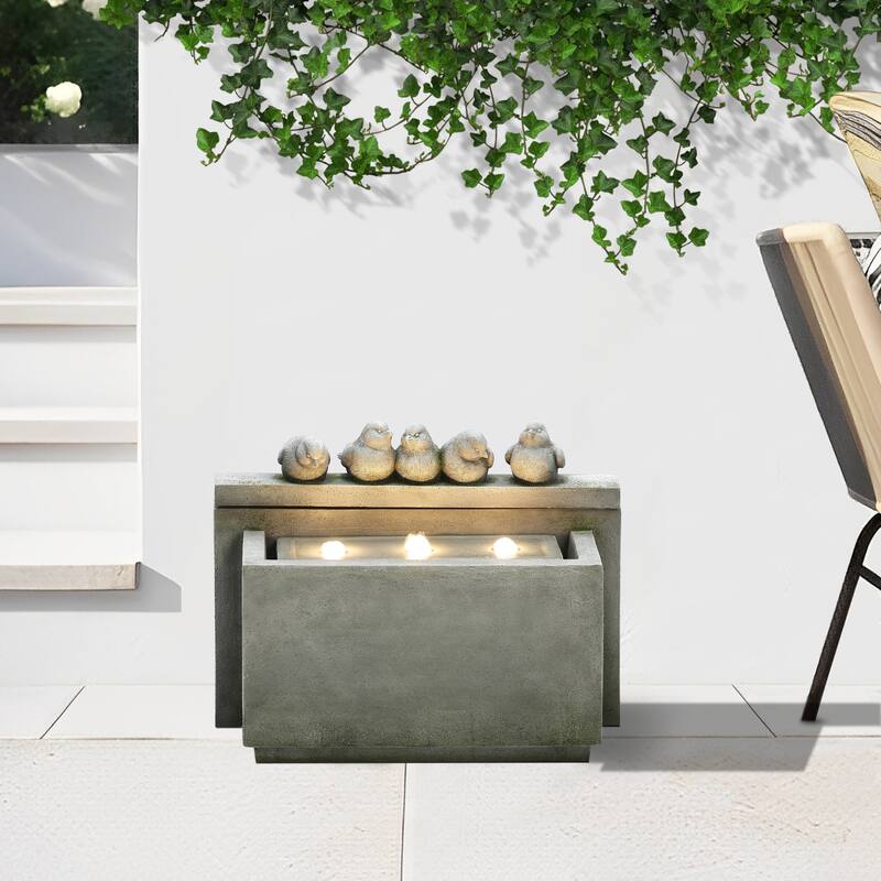 Gray Resin Rectangular Birds Outdoor Fountain with Lights
