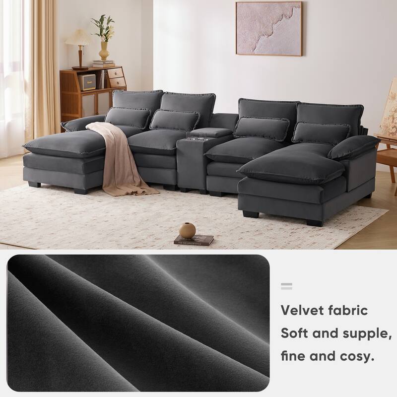 6-seat Upholstered Symmetrical Sofa Set with Console,Cupholders and USB Ports