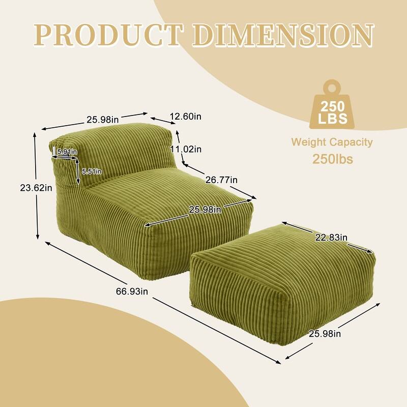 Corduroy Upholstered Lounger Large Ergonomic Support Compressed Bean Bag Sofa with Ottoman