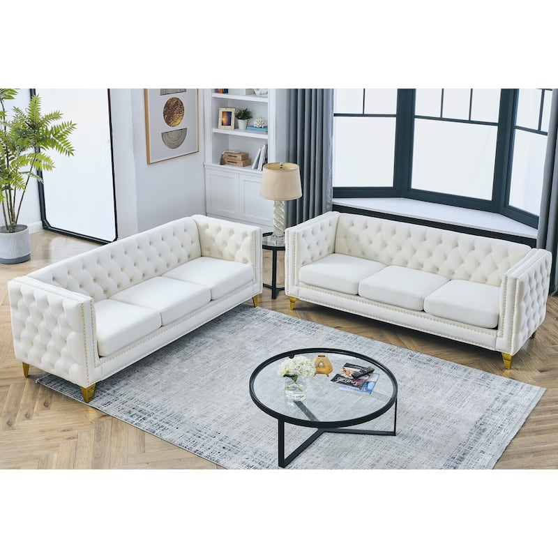 Roomfitters 5-Seater Velvet Sofa Set, 3+2 Chesterfield Square-Arm Tufted Couches with Nailhead Trim and Gold Legs
