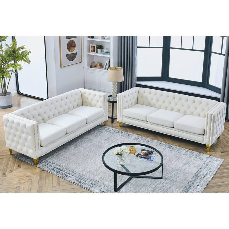 Velvet Chesterfield Sofa Set for Living Room, 3+3 Beige Sofa with Button Tufting, Square Arms, and Metal Legs