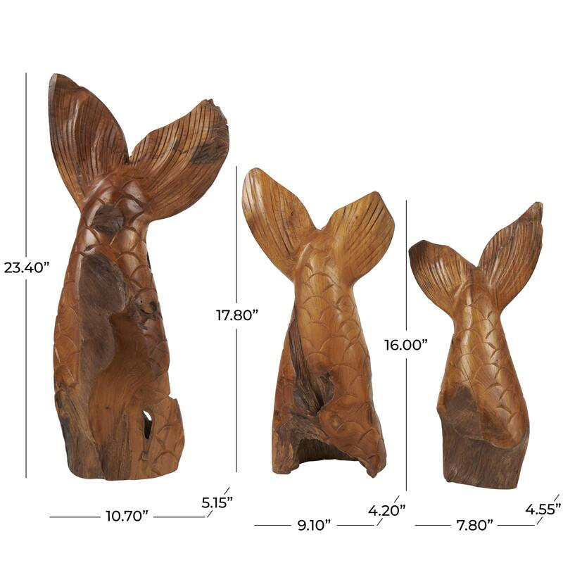 Teak Wood Whale Handmade Tail Live Edge Decorative Sculpture with Intricate Carvings - Set of 3 Brown - Roche River Decor