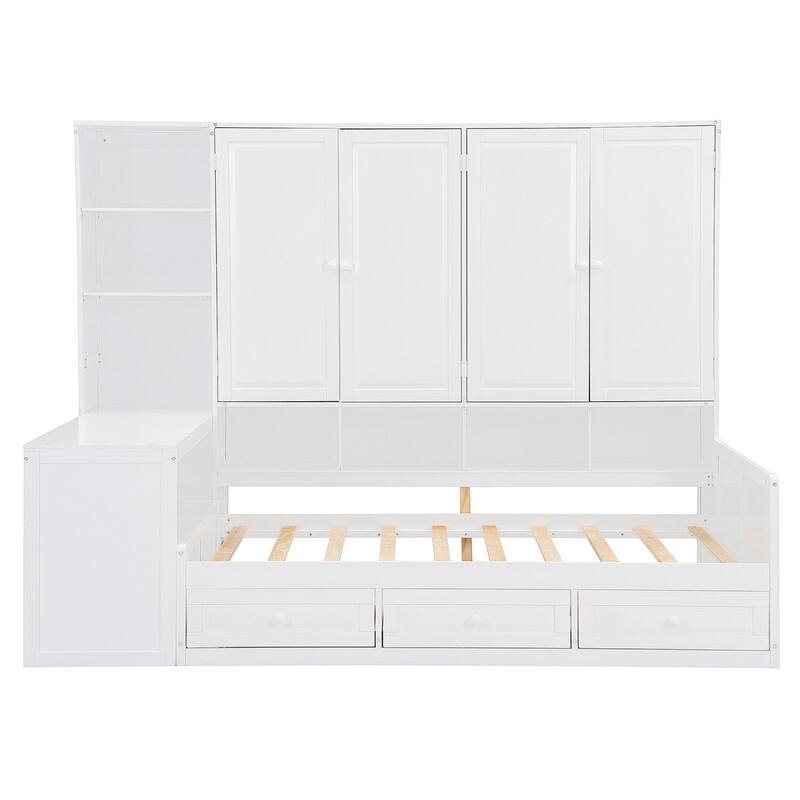 Twin/Full Size Daybed with All-in-One Cabinet and 3 Drawers, Wooden Daybed Frame Sofa Bed with Desk and Storage Shelves