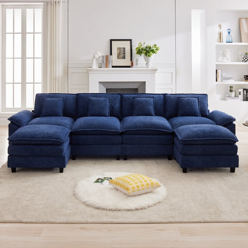 Modular Chenille Sectional Sofa with Ottomans, Deep Seat, Wide Padded Armrests, 2-Seat / 3-Seat / 4-Seat Options - Navy/4 Seats with 2 Ottomans - Symmetrical