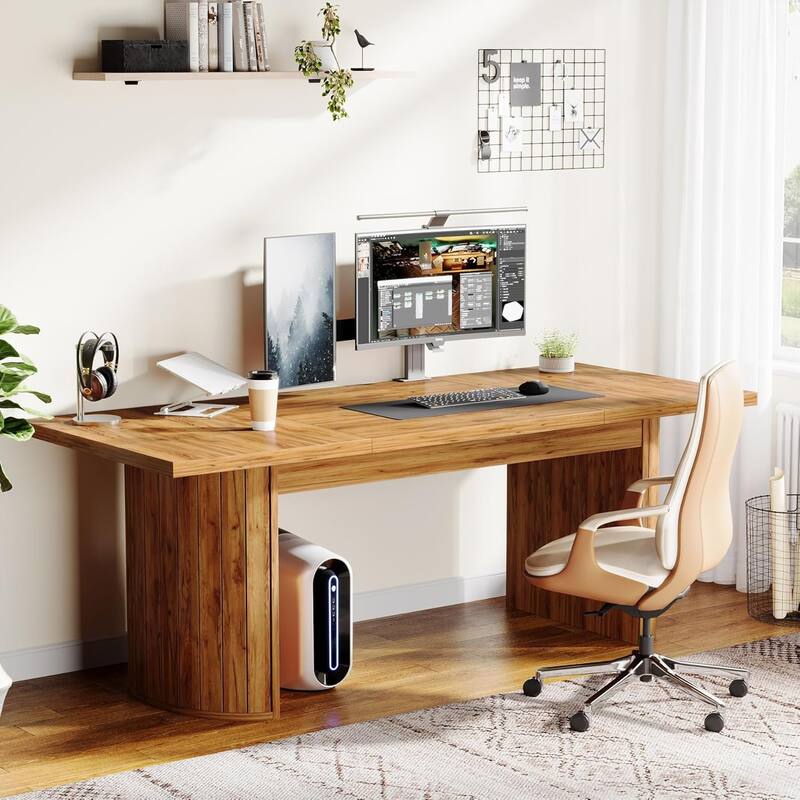 Brown Wood 78.7 Inches Long Computer Desk Large Executive Desk