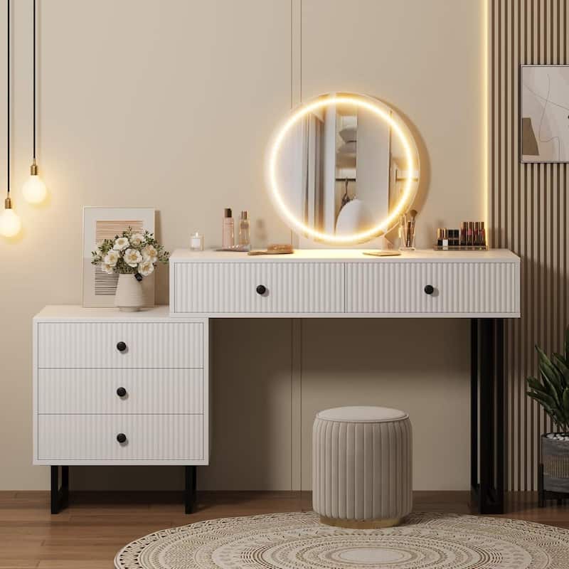 5 Drawers White Makeup Vanity Desk with Mirror and Lights - White