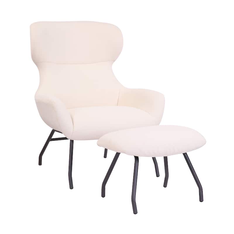 Porthos Home Autry Fabric Wingback Accent Chair and Ottoman Set with Steel Legs - White