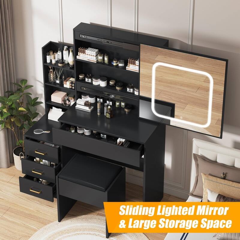 Vanity Desk with Sliding Mirror, Charging Station, 4 Drawers, Shelves, Stool