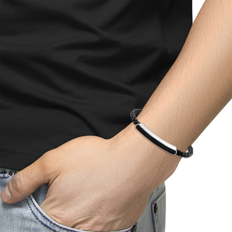 EFFY Men's 925 Sterling Silver and Leather Black Spinel Bracelet
