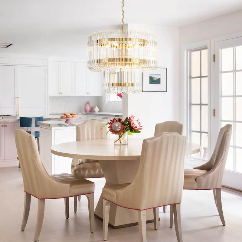 9-Light Modern Glam Drum Crystal Chandelier for Dining Room/Living Room 2-Tiered Round Chandelier Kitchen Island Pendant Light