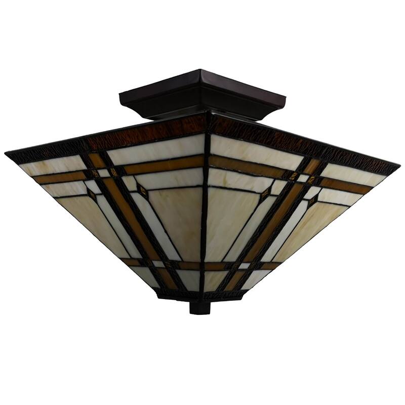 Tiffany Style Ceiling Fixture Lamp Mission 14" Semi Flush Mount Wide Stained Glass Tan Bedroom Gift Amora Lighting
