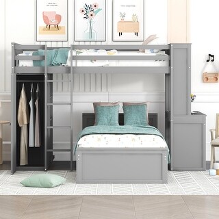 Twin size Maximized Space Loft Bed with Twin size Stand-alone bed, Shelves,Desk,and Wardrobe,No Box Spring Required-Gray