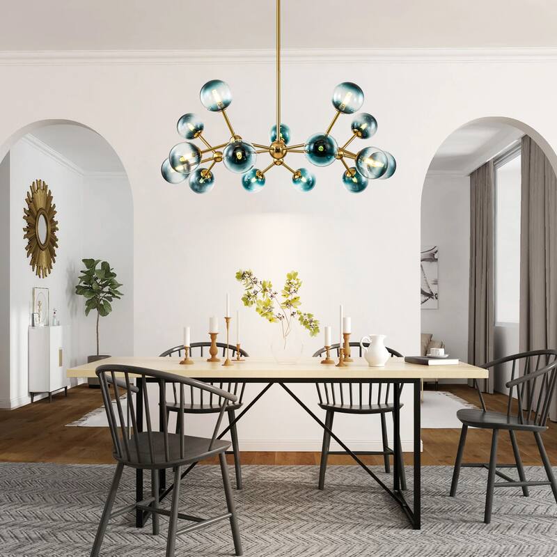 15-Light Modern Glam Linear Sputnik Gradient Blue Glass Globe Bubble Branch Chandelier
