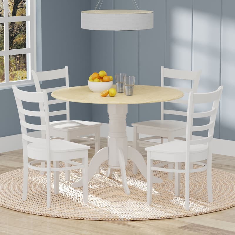 5-Piece Dining Set, 42" Round Drop-Leaf Table and Slat Back Chairs - White/Natural Table + White Chairs