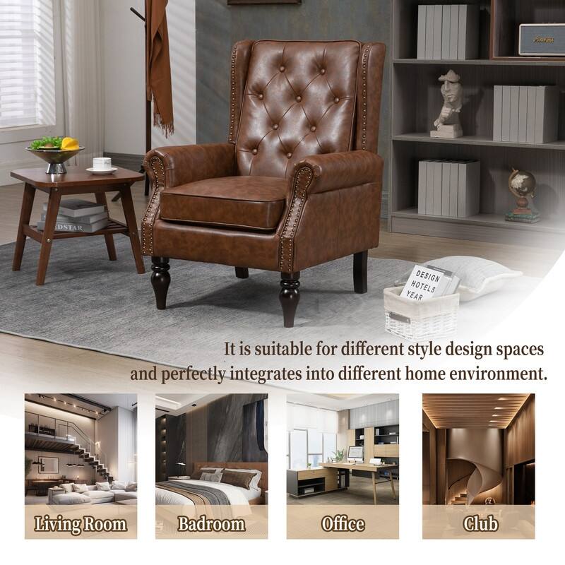 Modern Wood Frame Accent Armchair - Supportive PU Leather Lounge Chair for Living Room & Bedroom