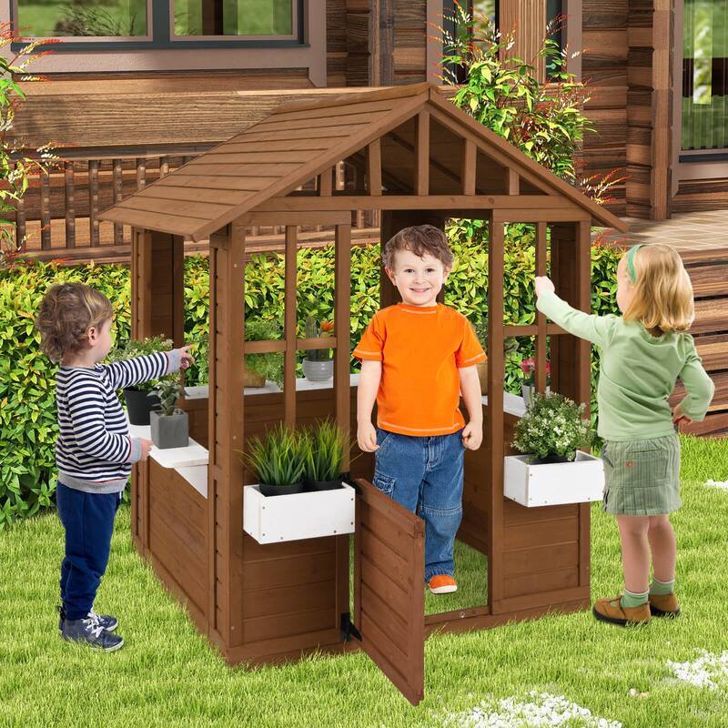 Costway Outdoor Playhouse Wood Adventures Cottage with Serving - Natural + White - See Details