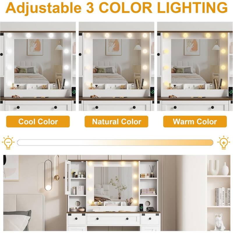 Makeup Vanity Table with 6 Drawers and 2 Cabinets,Vanity Table with Mirror and Lights