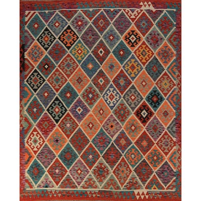 Geometric Kilim Oriental Rug Hand-Woven Tribal Wool Carpet - 8'1"x 9'5"