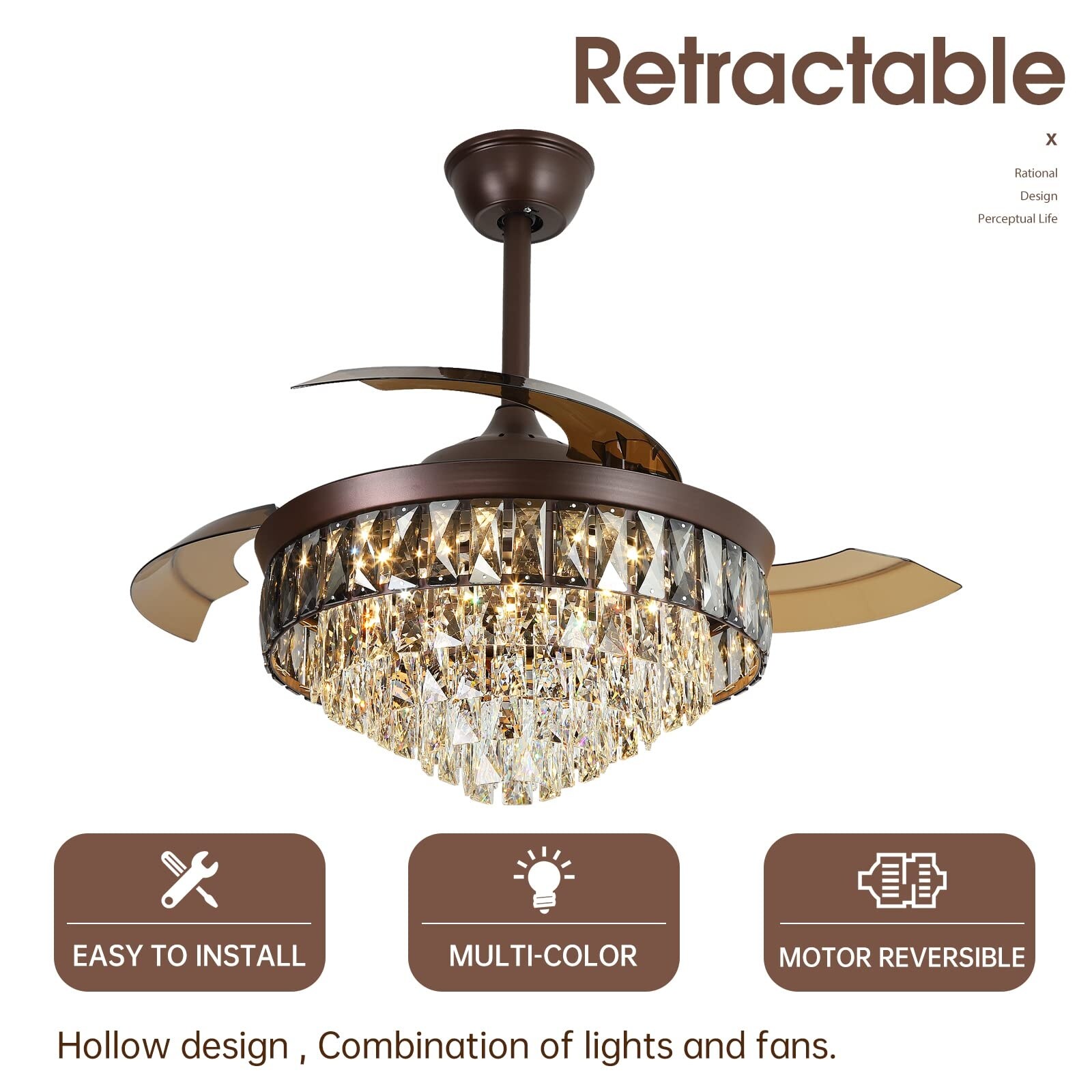Retractable Blade Ceiling Fan With LED Light & Remote – 16 Inch Modern Smart Fan, 4 Speeds, 3200 Lumens, App Control For Bedroom, Dining Room