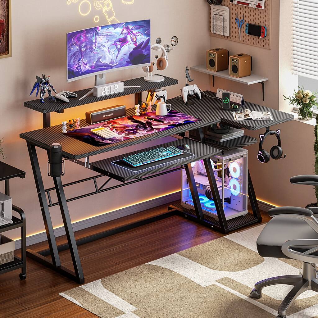 Gaming Desk with Shelves and Outlets, L Shaped Computer Desk with LED Lights