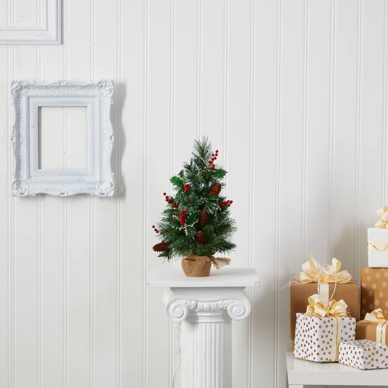 Pre-Lit Potted Pine and Pinecones Artificial Christmas Tree - 18” - Clear Lights - Tabletop