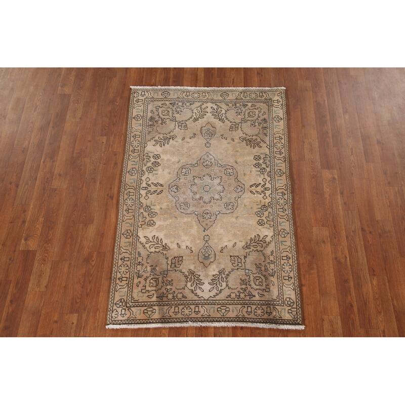 Hand Knotted Oriental 100% Wool Carpet Traditional Floral Yellow & Gold Tabriz Area Rug - 4' 8'' X 3' 1''