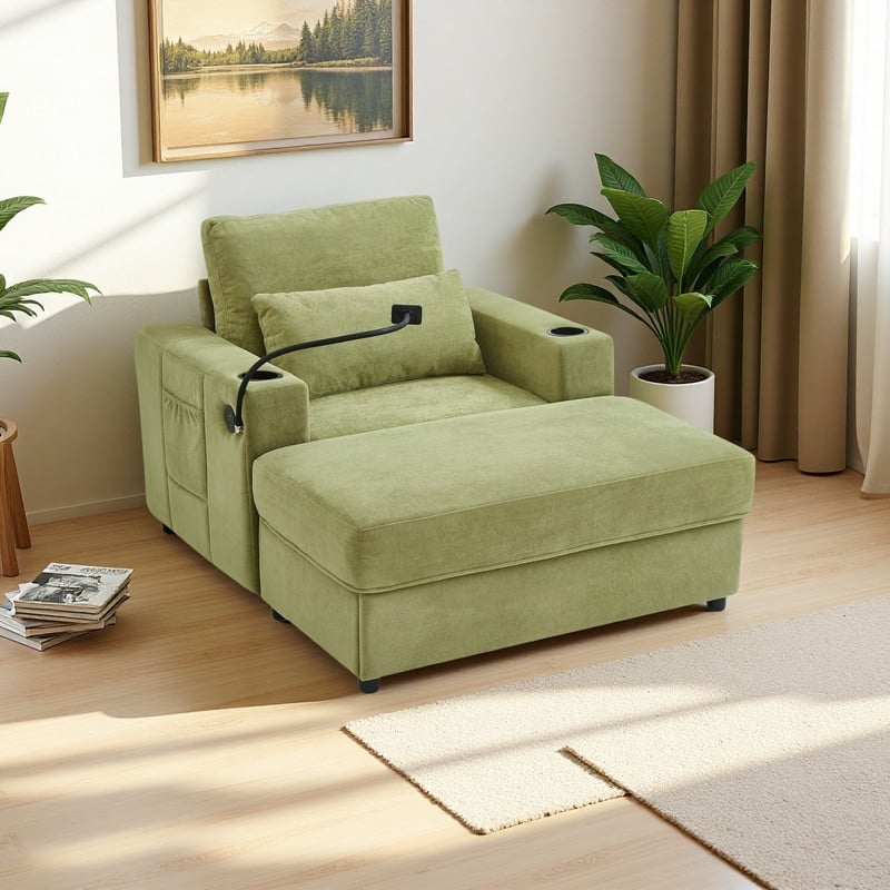 Chenille Modern Chaise Lounge Sofa with Storage Ottoman, USB Ports, Cup Holders and Side Pockets