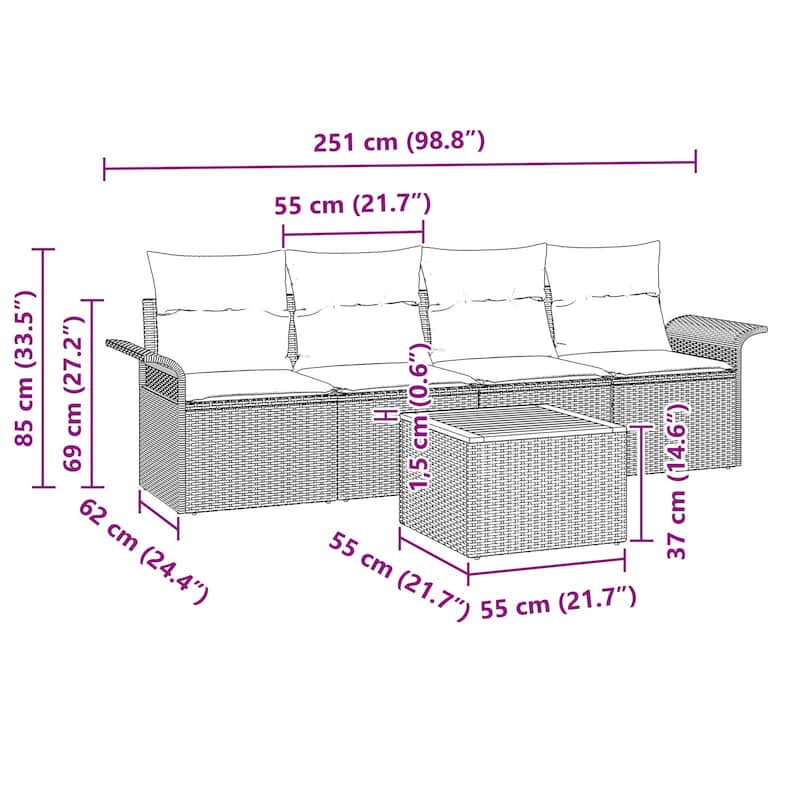 vidaXL 5 Garden Sofa Set with Cushions Black Poly Rattan - 98.8 x 24.4 x 27.2