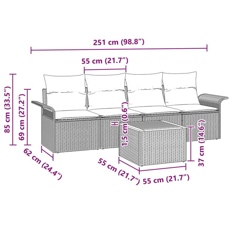 vidaXL 5 Piece Garden Sofa Set with Cushions - 98.8×24.4×27.2
