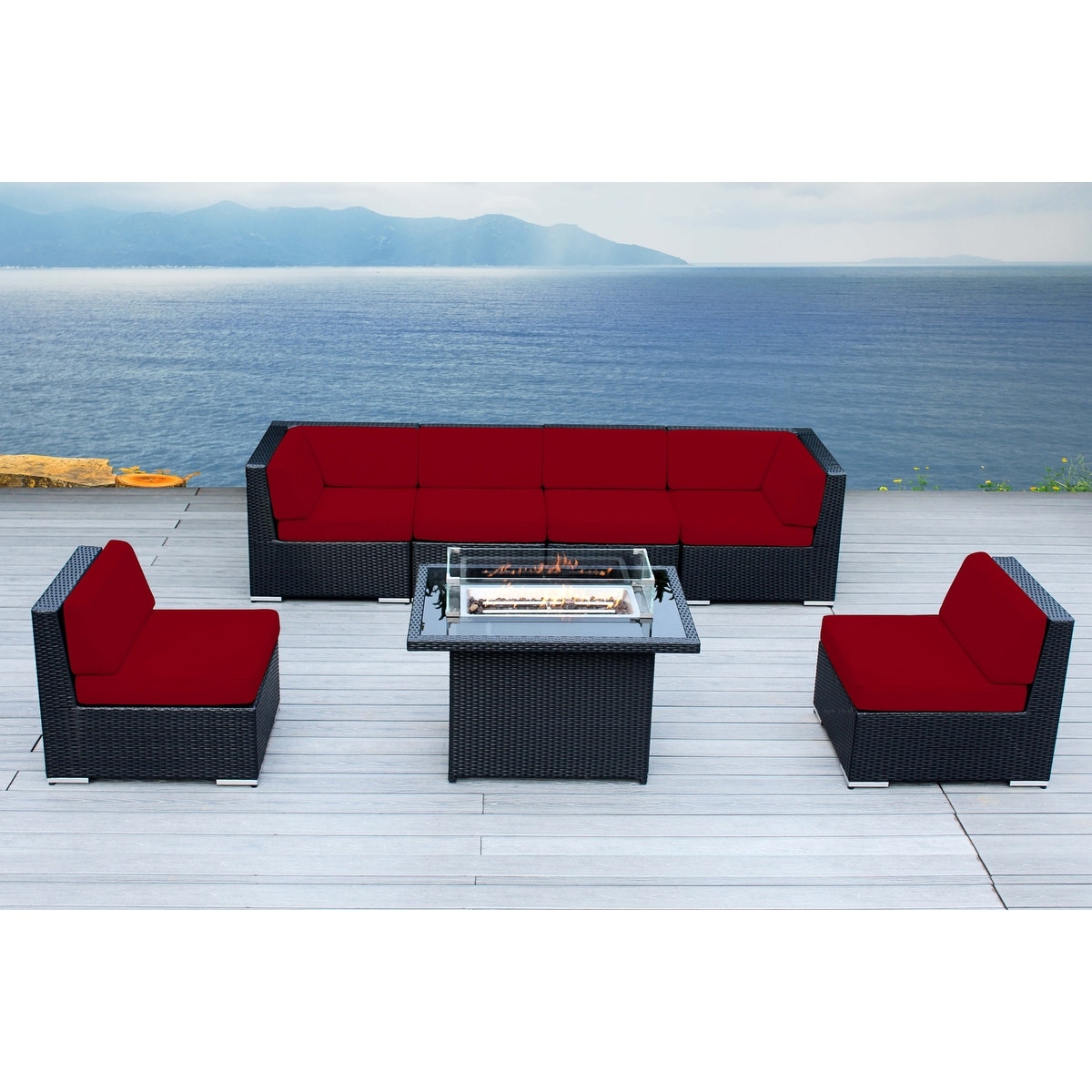 Ohana 7 Piece Black Wicker Patio Sectional Set with Fire Table