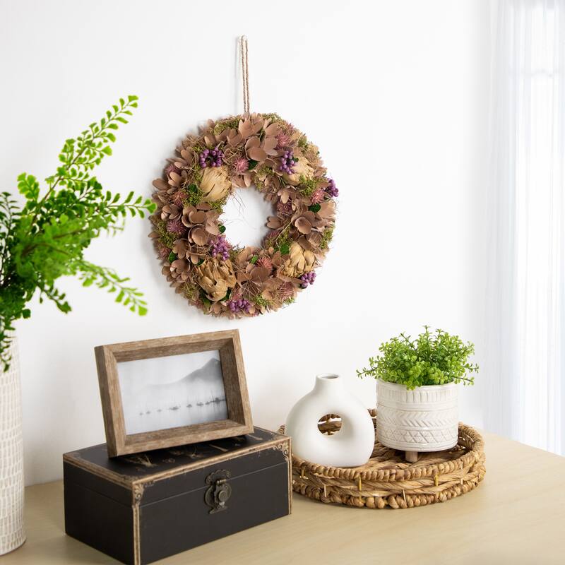 12" Purple Beige Wooden Floral Spring Wreath With Preserved Artichoke
