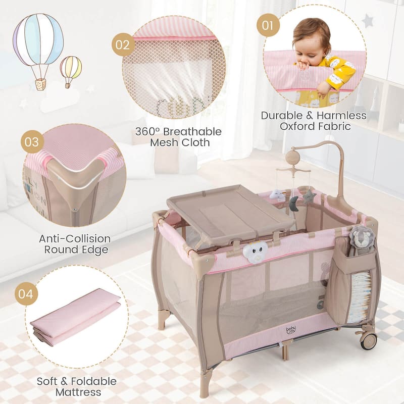 Costway Portable Baby Playard Nursery Center Crib with Hanging Toys & - See Details
