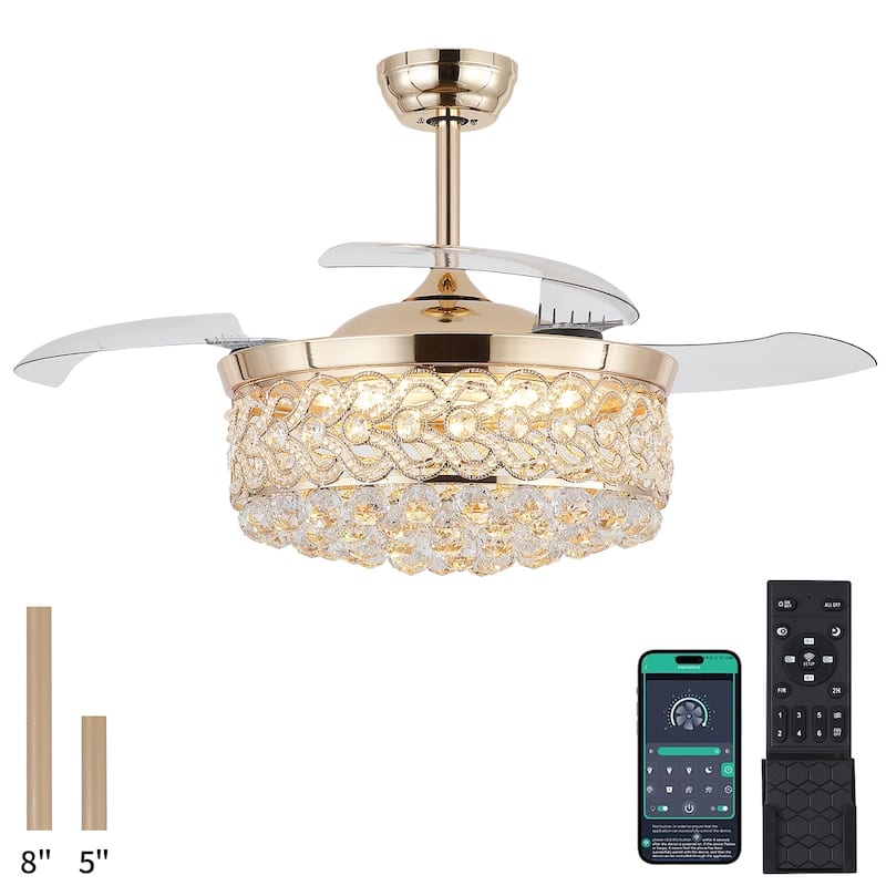 Kviflon 48'' Retractable Ceiling Fan with Lights and Remote 6 Speed, 3 Light Change Retractable Blade Chandelier Ceiling Fan