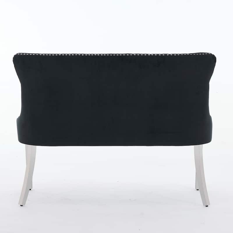 Velvet Double Dining Loveseat Bench, 2-Seat Tufted Bench w/Handmade Buttons, Wing Back, Gold-Plated Steel Legs, Single Pack