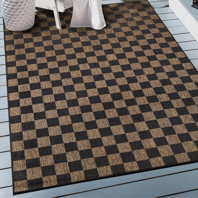 World Rug Gallery Checkered Indoor/Outdoor Flat Woven Area Rug - 4' x 6' - Dark Gray