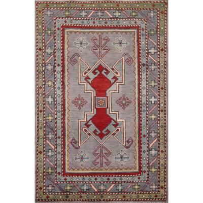 Grey Traditional Kazak Oriental Accent Rug Handmade Wool Carpet - 3'3" x 4'10"