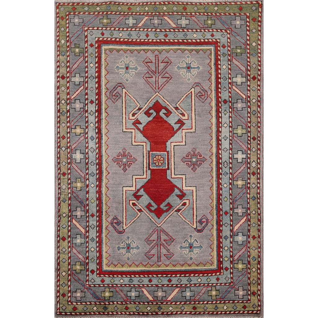 Grey Traditional Kazak Oriental Accent Rug Handmade Wool Carpet - 3'3" x 4'10"