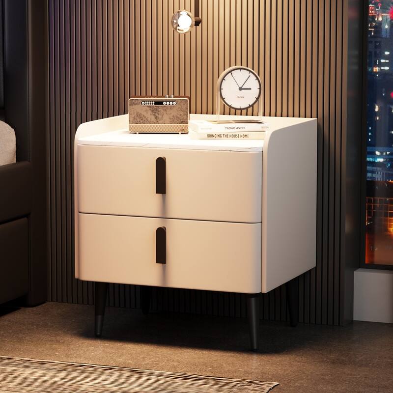 Nightstand with 2 Drawers and Marble-Pattern Tabletop, Modern Beside Table
