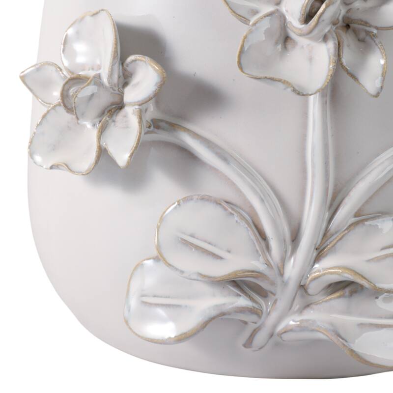 Decorative Ceramic Flower Planter with Flower Applique - Ivory