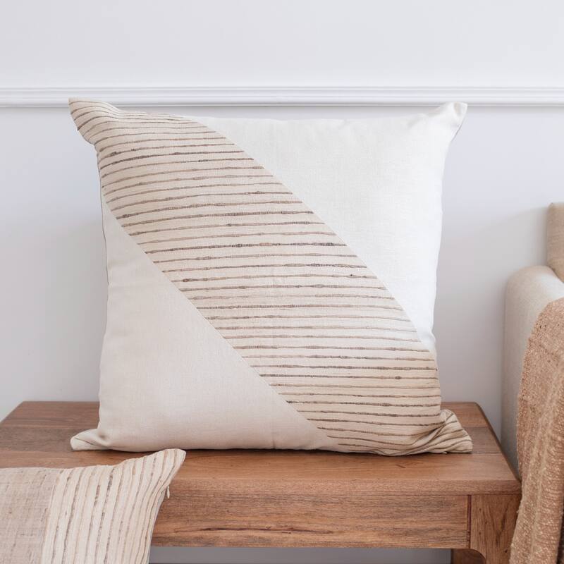 Handwoven Striped Square Throw Pillow Cover - 24" - White and Beige