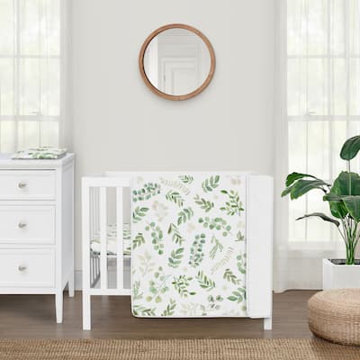 Sweet Jojo Designs Boho Floral Leaf Boy Girl 3pc Mini Crib Bedding Set Sage White Bohemian Gender Neutral Watercolor Botanical