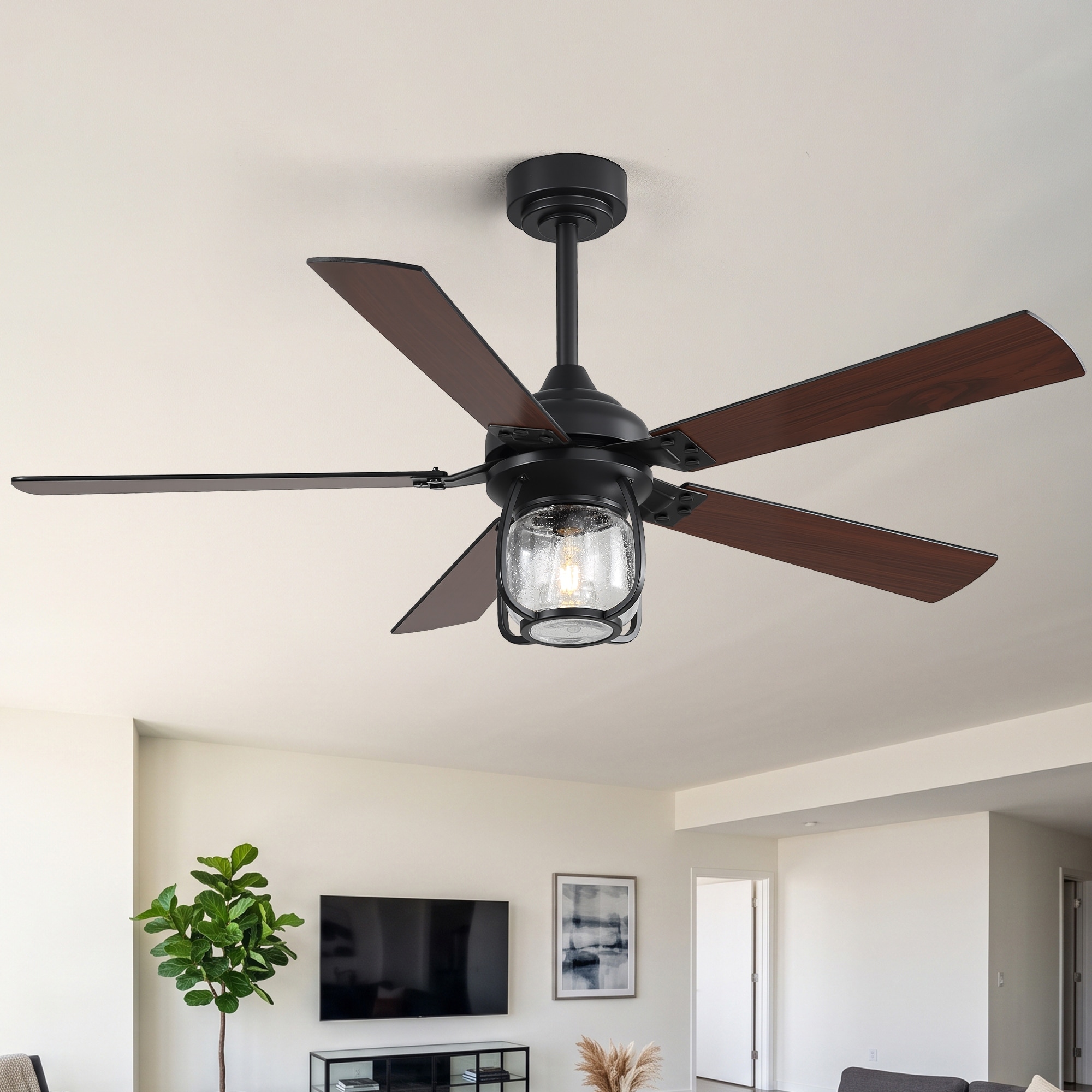 52 Inch Farmhouse Ceiling Fan with Cage Light, Dual-Finish Black Walnut Blades, Quiet Reversible DC Motor, Remote Control