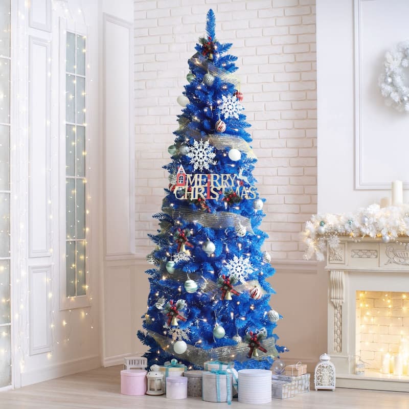 VEIKOUS Pre-Lit Artificial Christmas Tree Pencil Snow with Foldable Iron Stand with LED lights, 5.5/6.5/7.5 ft - 6.5 Foot - Blue