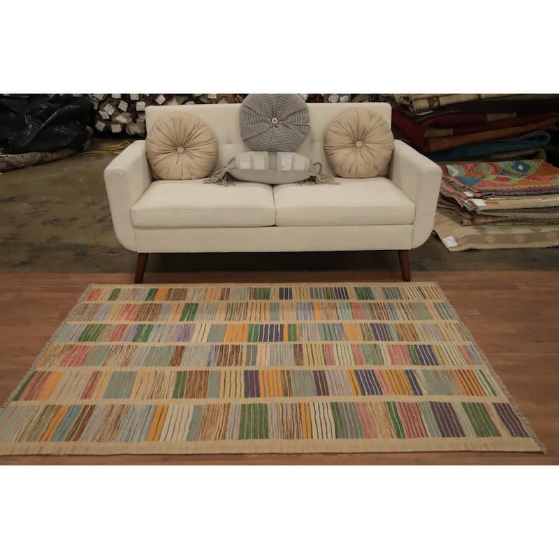 Hand Woven Oriental 100% Wool Carpet Southwestern Modern Multi-Colored Kilim Area Rug - 5' 11'' X 4' 1''