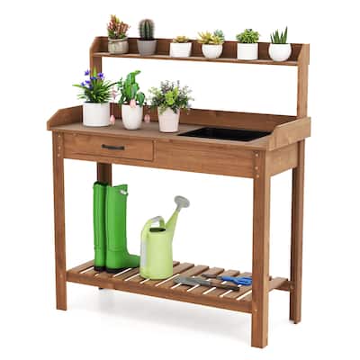 Gymax Potting Bench Outdoor Wooden Garden Table Work Station Solid