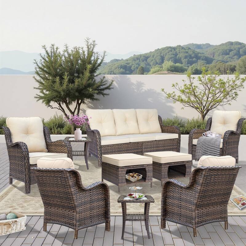 9 Piece Outdoor Patio Conversation Wicker Furniture Sofa Seating Sets - Cream-Brown Rattan