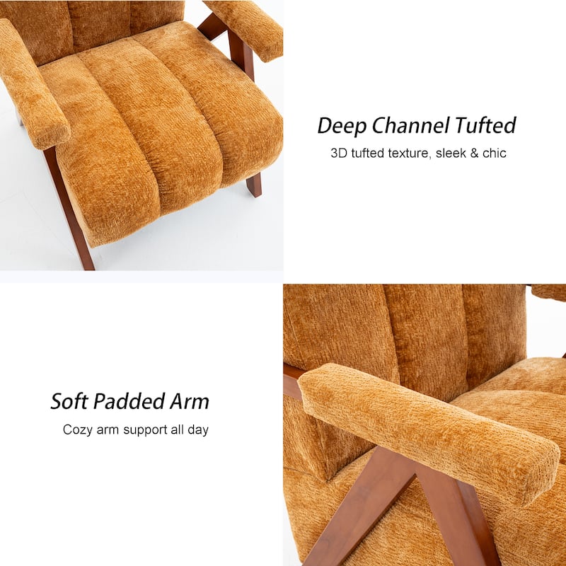 Mid Century Modern Accent Chair, Chenille Armchair with Solid Wood Legs, Channel Tufted Comfy Reading Chair for Living Room