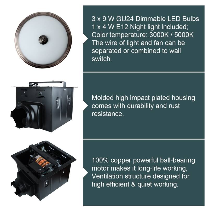 Exhaust Fan, Ultra Quiet 110 CFM 1.5 Sones Ventilation Exhaust Bathroom Fan with Light and Nightlight, 3 Years Warranty